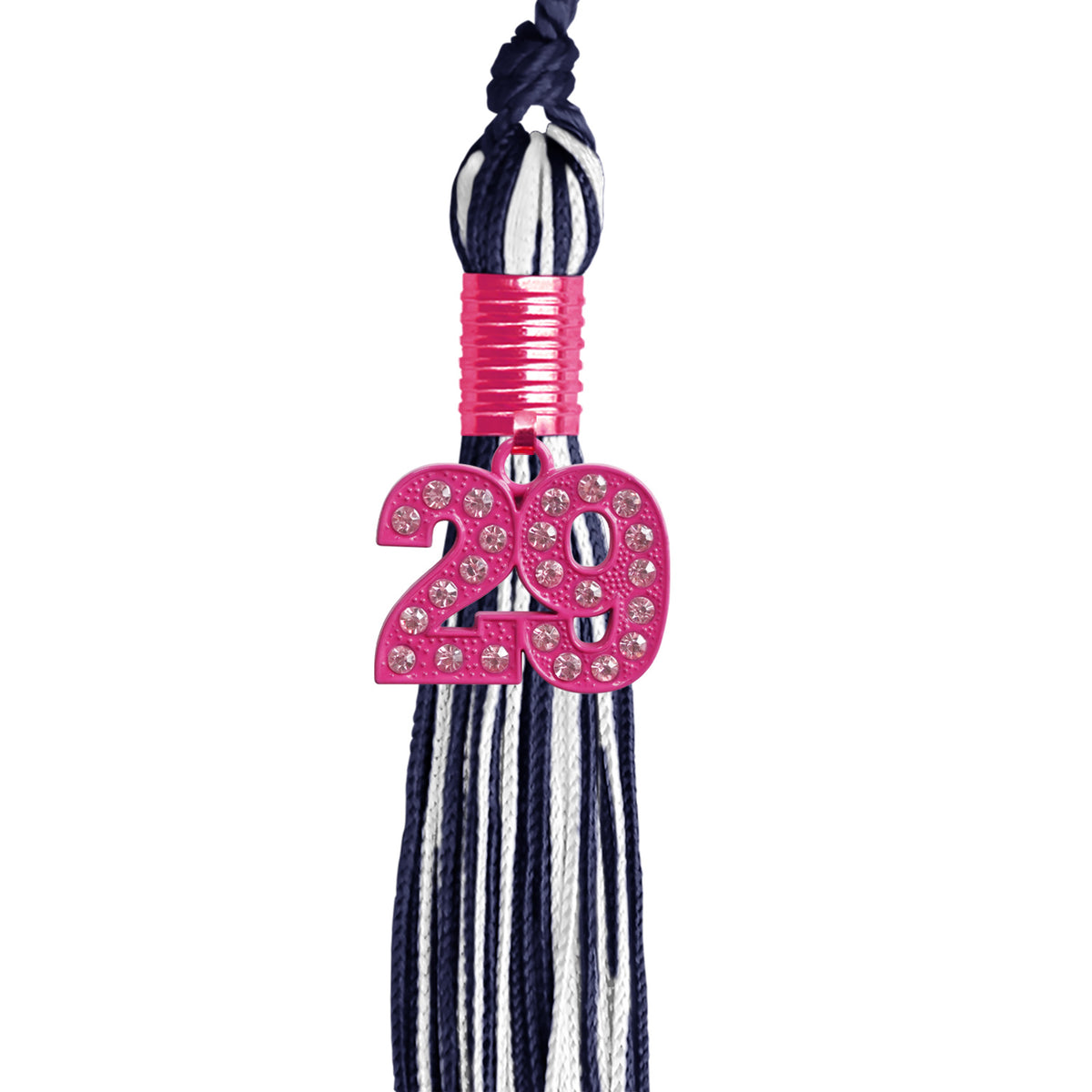 Navy Blue/White Mixed Color Graduation Tassel with Pink Bling Charm by Wholesale Grad Supply