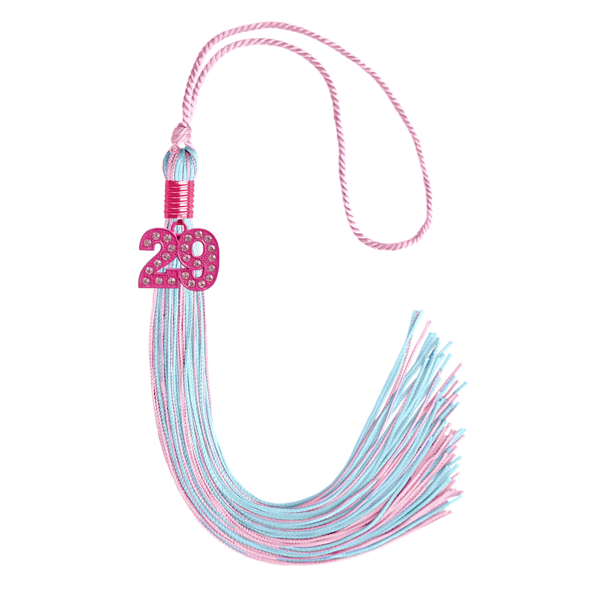 Pink/Light Blue Mixed Color Graduation Tassel with Pink Bling Charm by Wholesale Grad Supply
