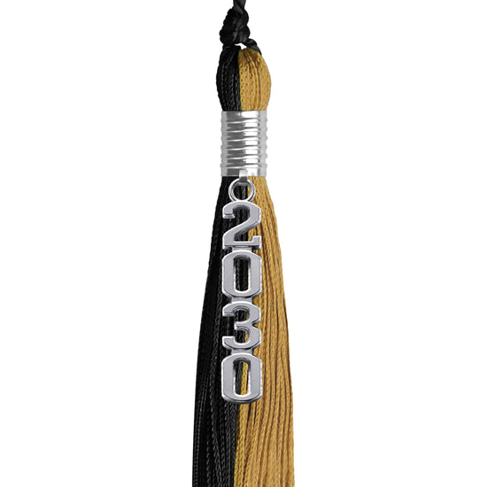 Black/Antique Gold Graduation Tassel with Silver Stacked Date Drop by Wholesale Grad Supply