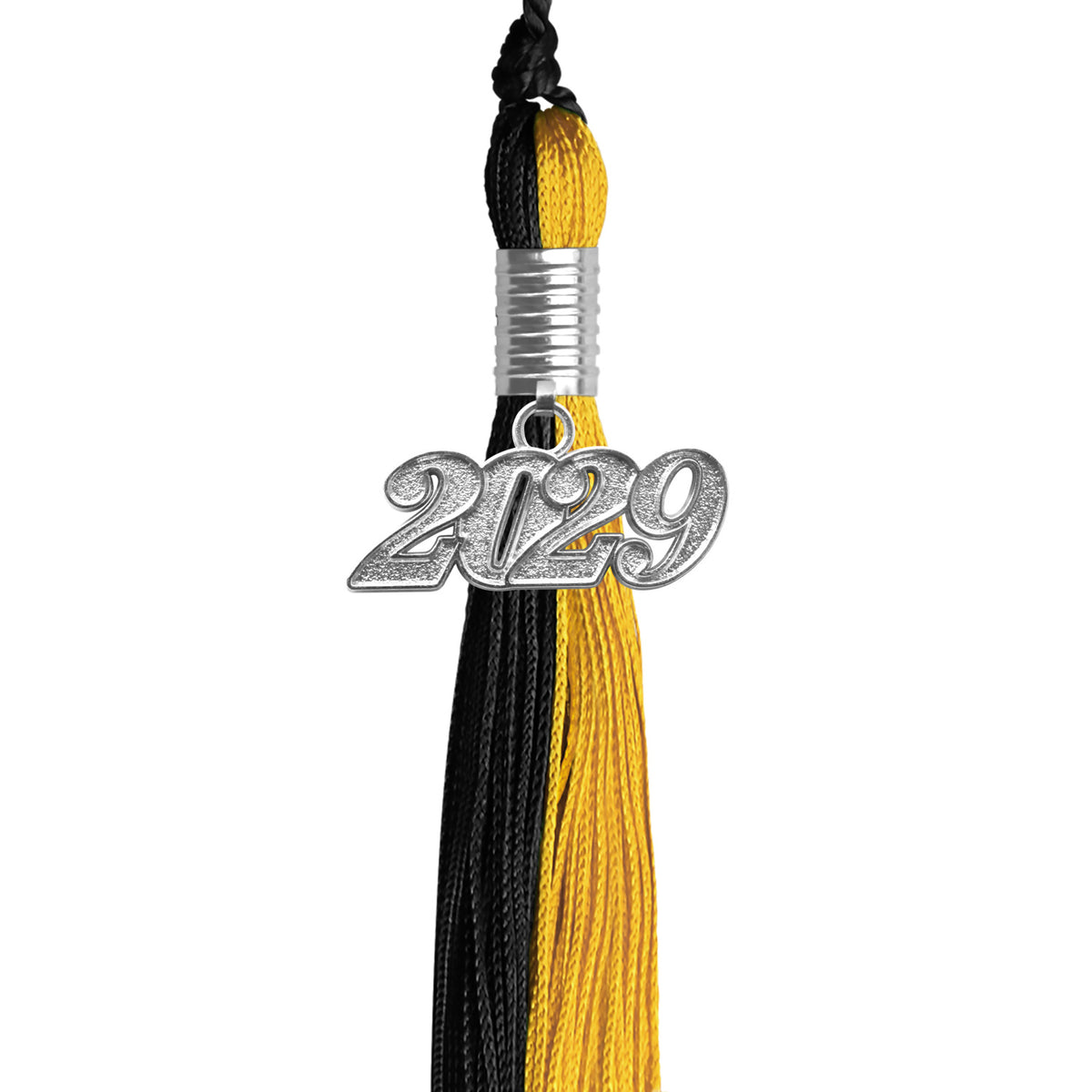 Black/Bright Gold Graduation Tassel with Silver Date Drop by Wholesale Grad Supply