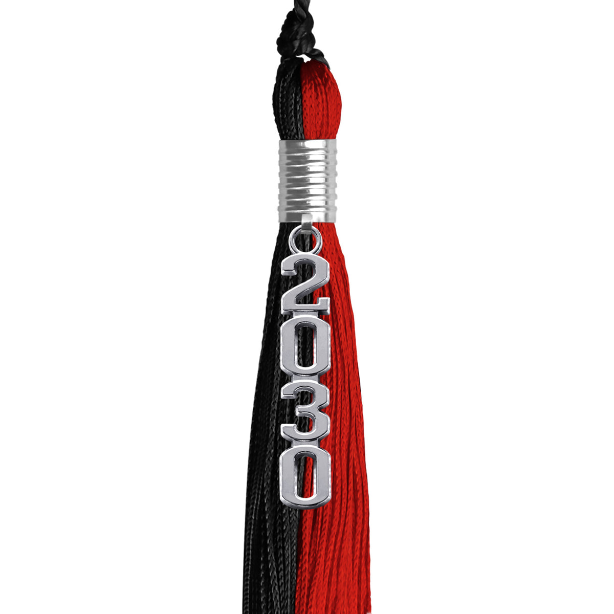 Black/Red Graduation Tassel with Silver Stacked Date Drop by Wholesale Grad Supply