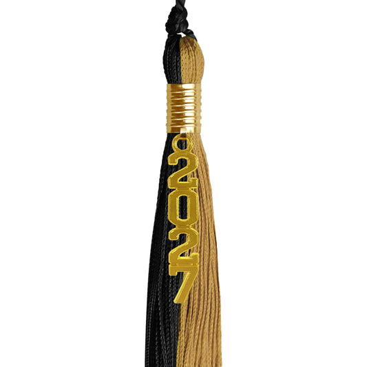 Black/Antique Gold Graduation Tassel with Gold Stacked Date Drop by Wholesale Grad Supply