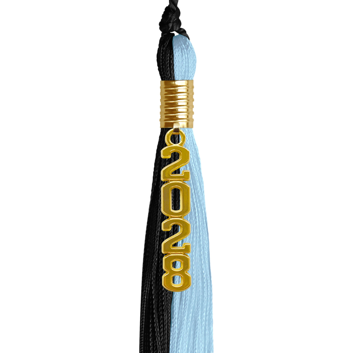 Black/Light Blue Graduation Tassel with Gold Stacked Date Drop by Wholesale Grad Supply