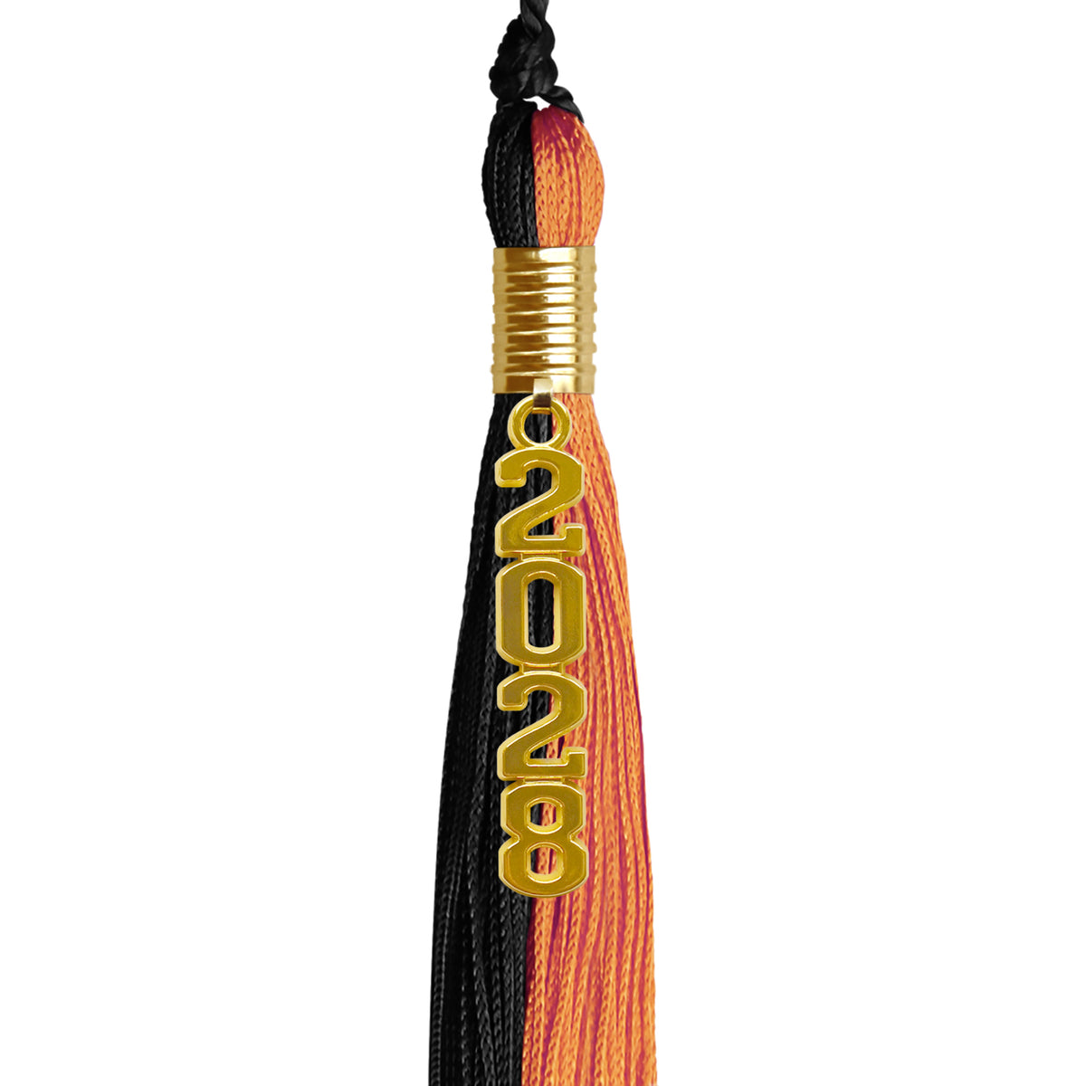 Black/Orange Graduation Tassel with Gold Stacked Date Drop by Wholesale Grad Supply