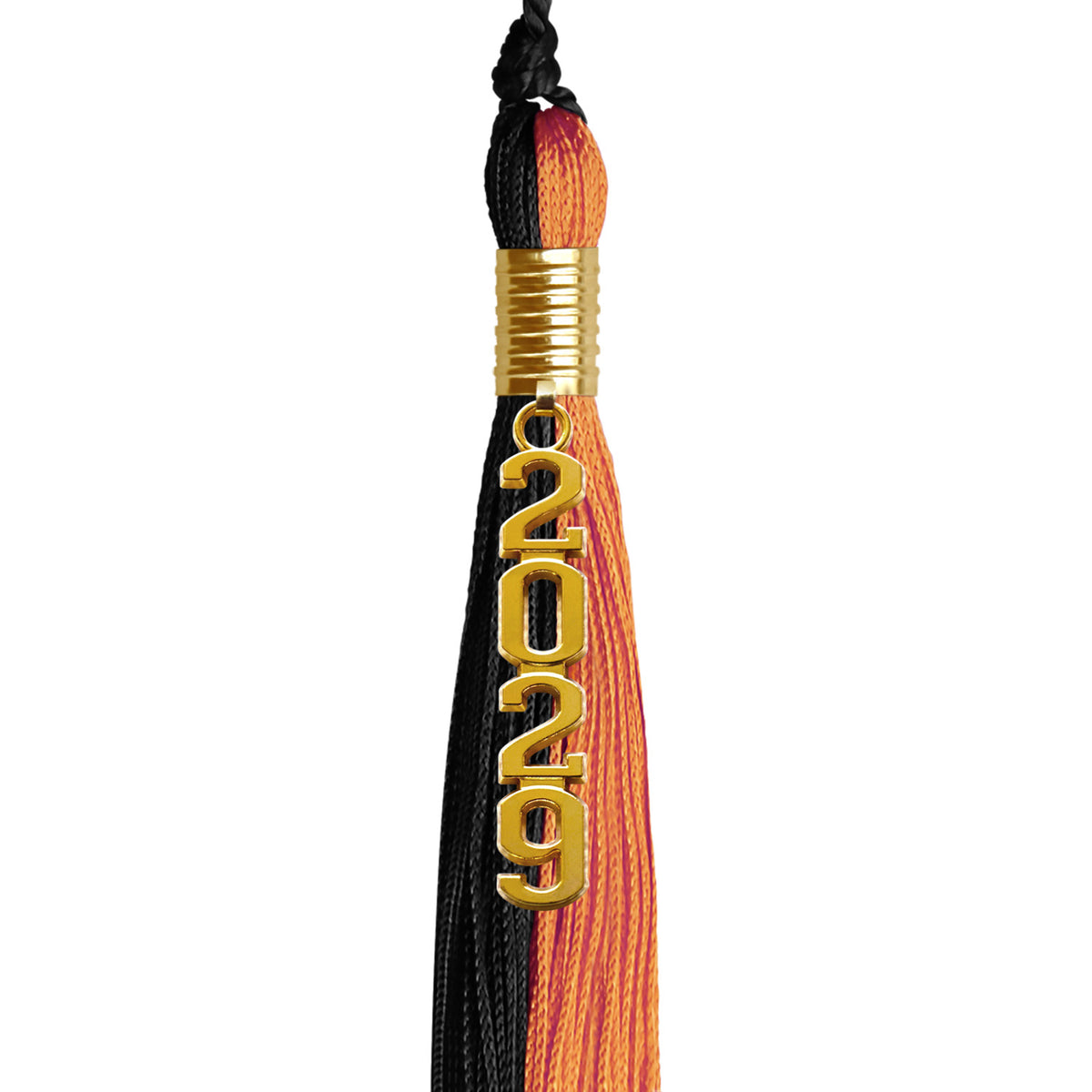 Black/Orange Graduation Tassel with Gold Stacked Date Drop by Wholesale Grad Supply