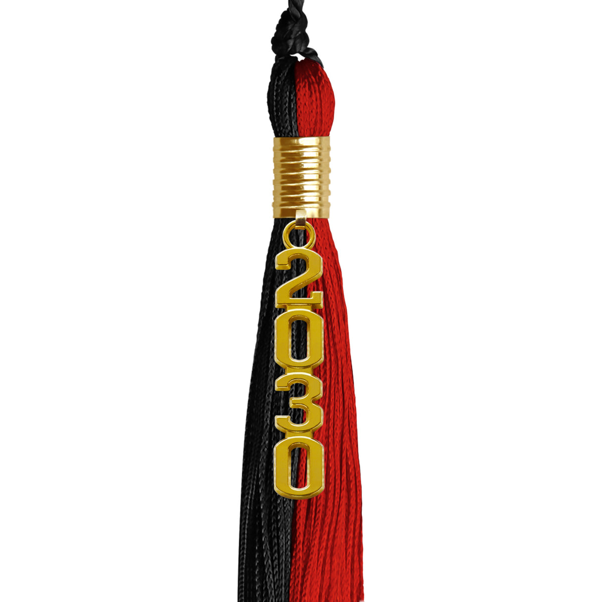 Black/Red Graduation Tassel with Gold Stacked Date Drop by Wholesale Grad Supply