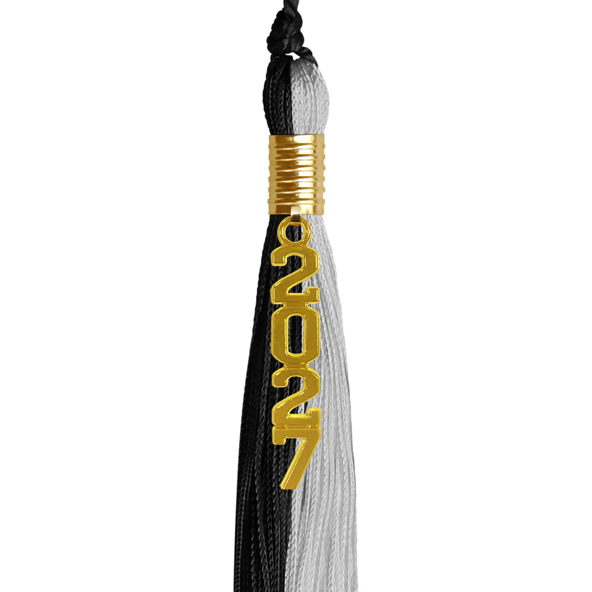Black/Silver Graduation Tassel with Gold Stacked Date Drop by Wholesale Grad Supply