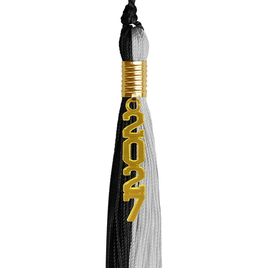 Black/Silver Graduation Tassel with Gold Stacked Date Drop by Wholesale Grad Supply
