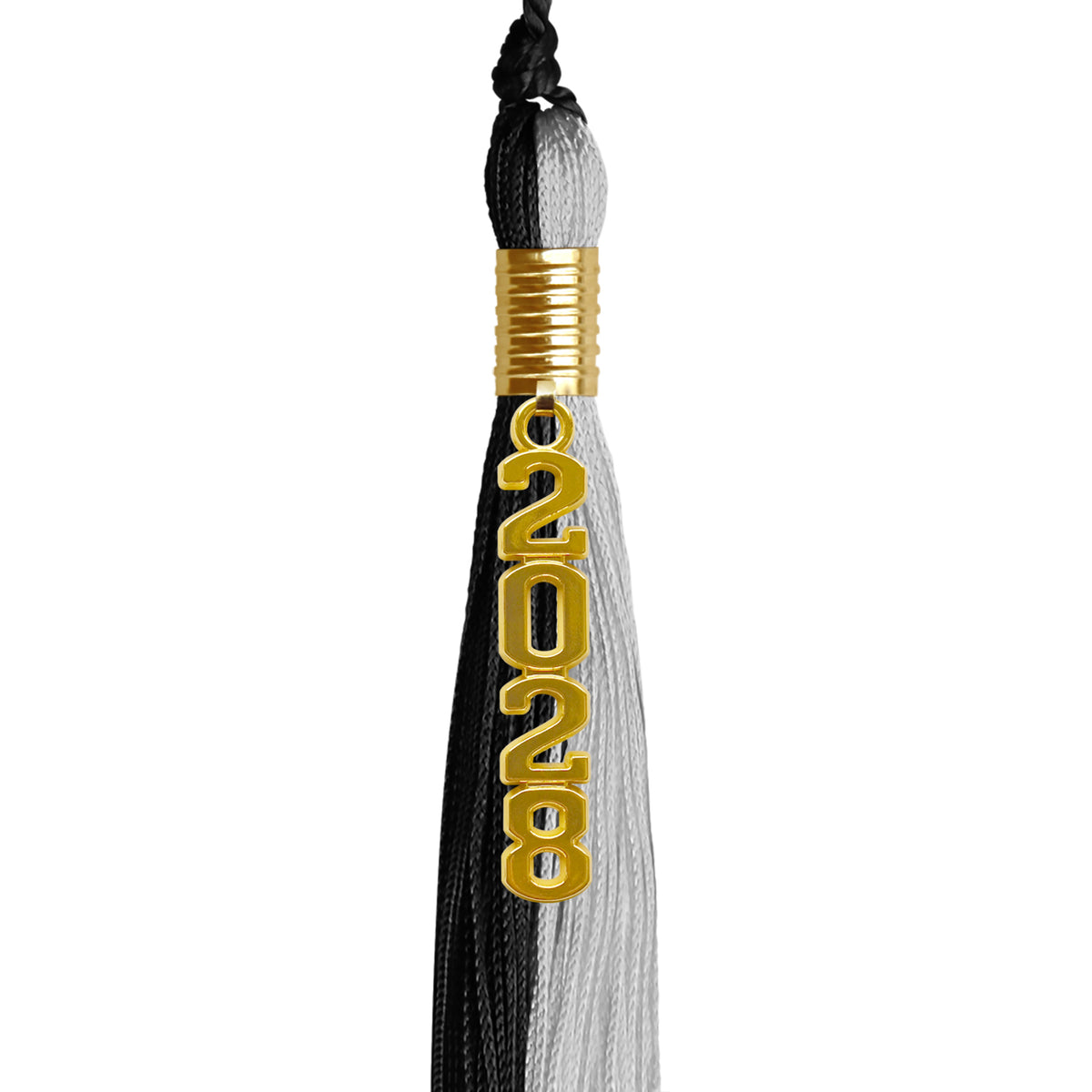 Black/Silver Graduation Tassel with Gold Stacked Date Drop by Wholesale Grad Supply