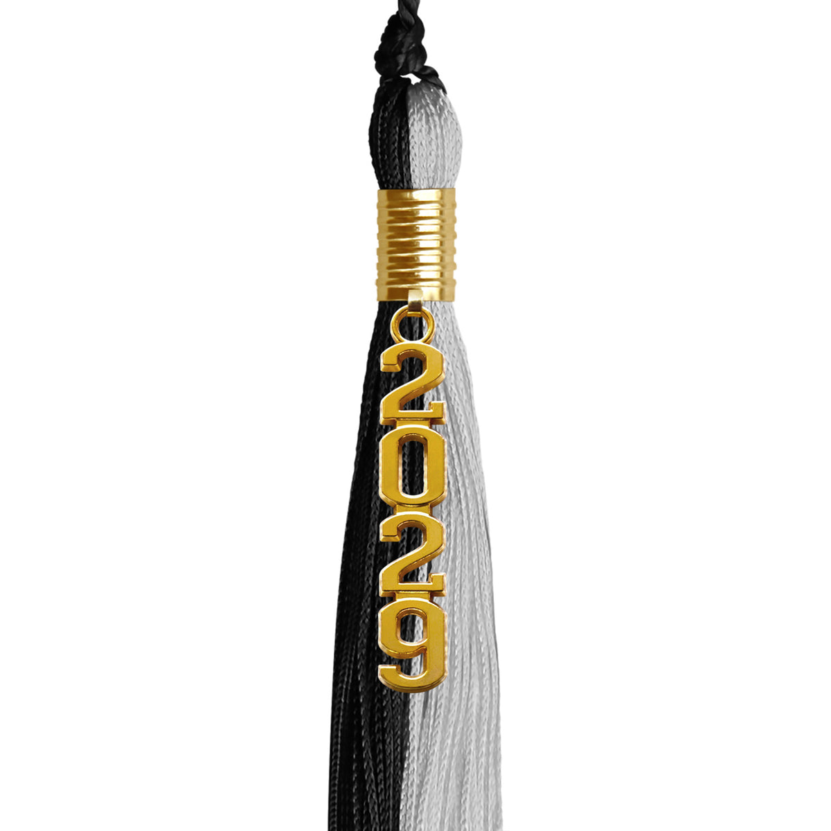 Black/Silver Graduation Tassel with Gold Stacked Date Drop by Wholesale Grad Supply