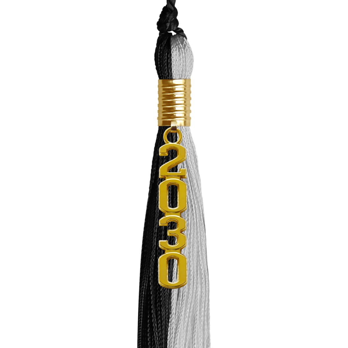Black/Silver Graduation Tassel with Gold Stacked Date Drop by Wholesale Grad Supply