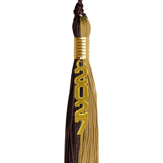 Brown/Antique Gold Graduation Tassel with Gold Stacked Date Drop by Wholesale Grad Supply