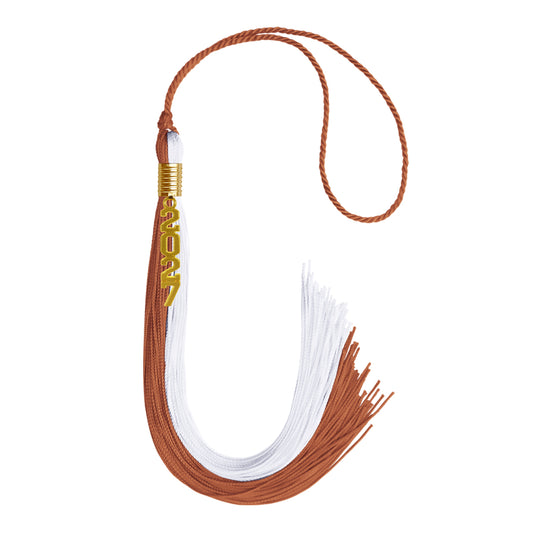Burnt Orange/White Graduation Tassel with Gold Stacked Date Drop by Wholesale Grad Supply