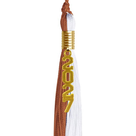 Burnt Orange/White Graduation Tassel with Gold Stacked Date Drop by Wholesale Grad Supply