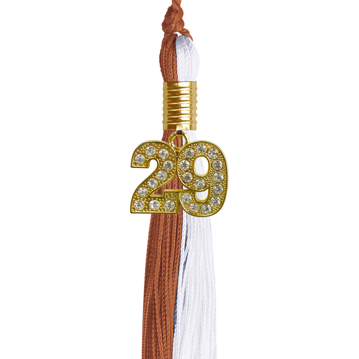 Burnt Orange/White Graduation Tassel with Gold Bling Charm by Wholesale Grad Supply