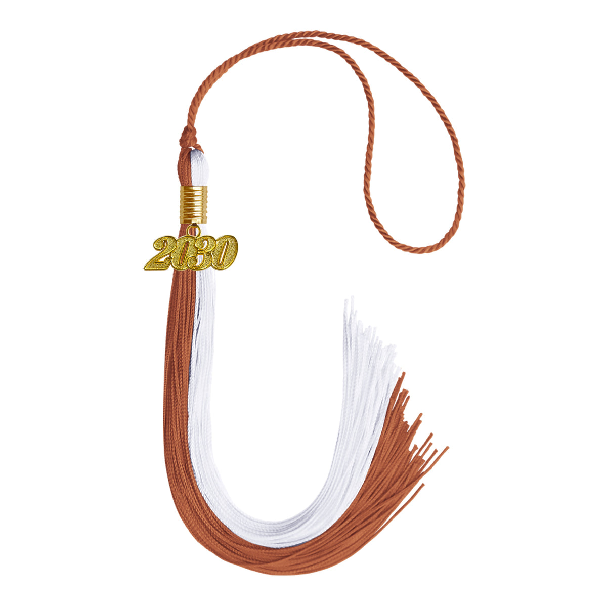 Burnt Orange/White Graduation Tassel with Gold Date Drop by Wholesale Grad Supply