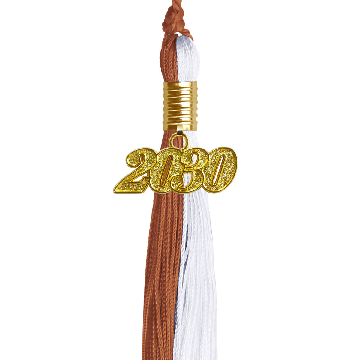 Burnt Orange/White Graduation Tassel with Gold Date Drop by Wholesale Grad Supply