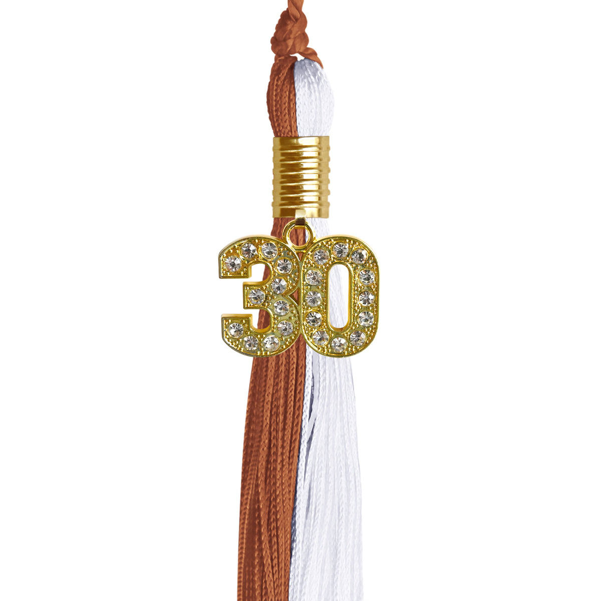Burnt Orange/White Graduation Tassel with Gold Bling Charm by Wholesale Grad Supply