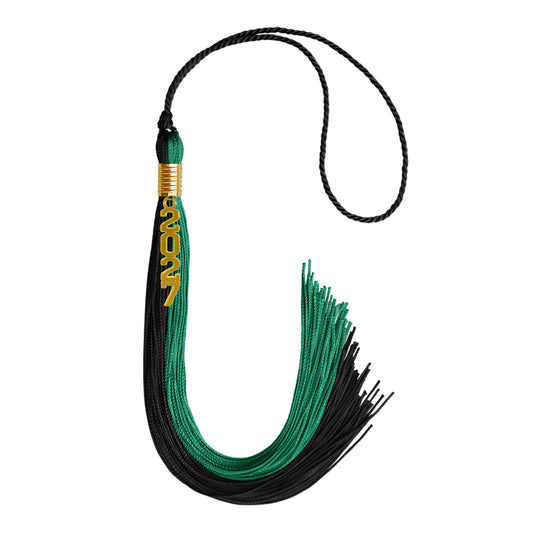 Emerald Green/Black Graduation Tassel with Gold Stacked Date Drop by Wholesale Grad Supply