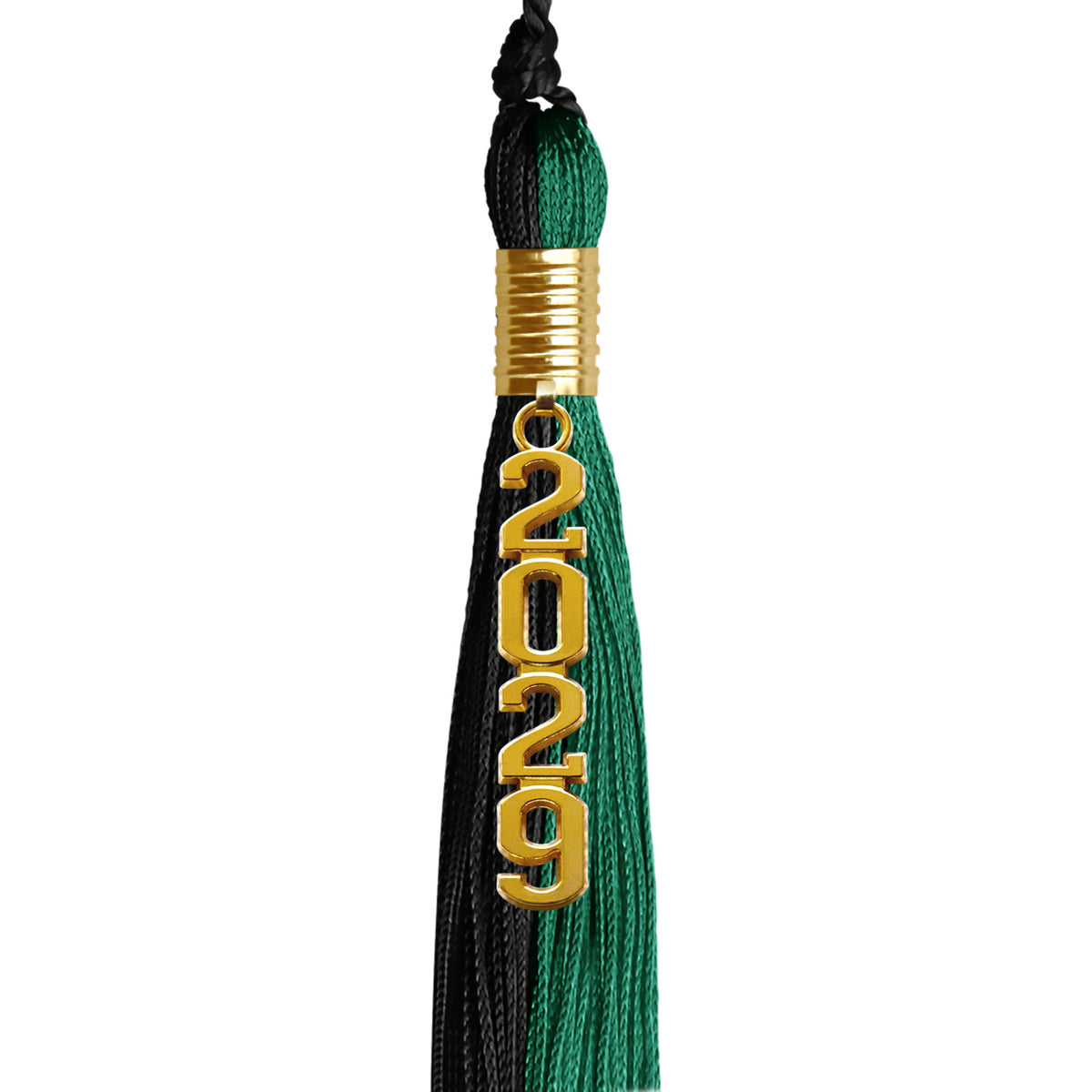 Emerald Green/Black Graduation Tassel with Gold Stacked Date Drop by Wholesale Grad Supply