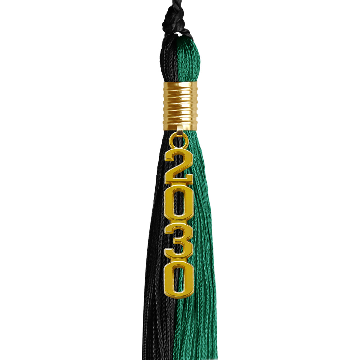 Emerald Green/Black Graduation Tassel with Gold Stacked Date Drop by Wholesale Grad Supply