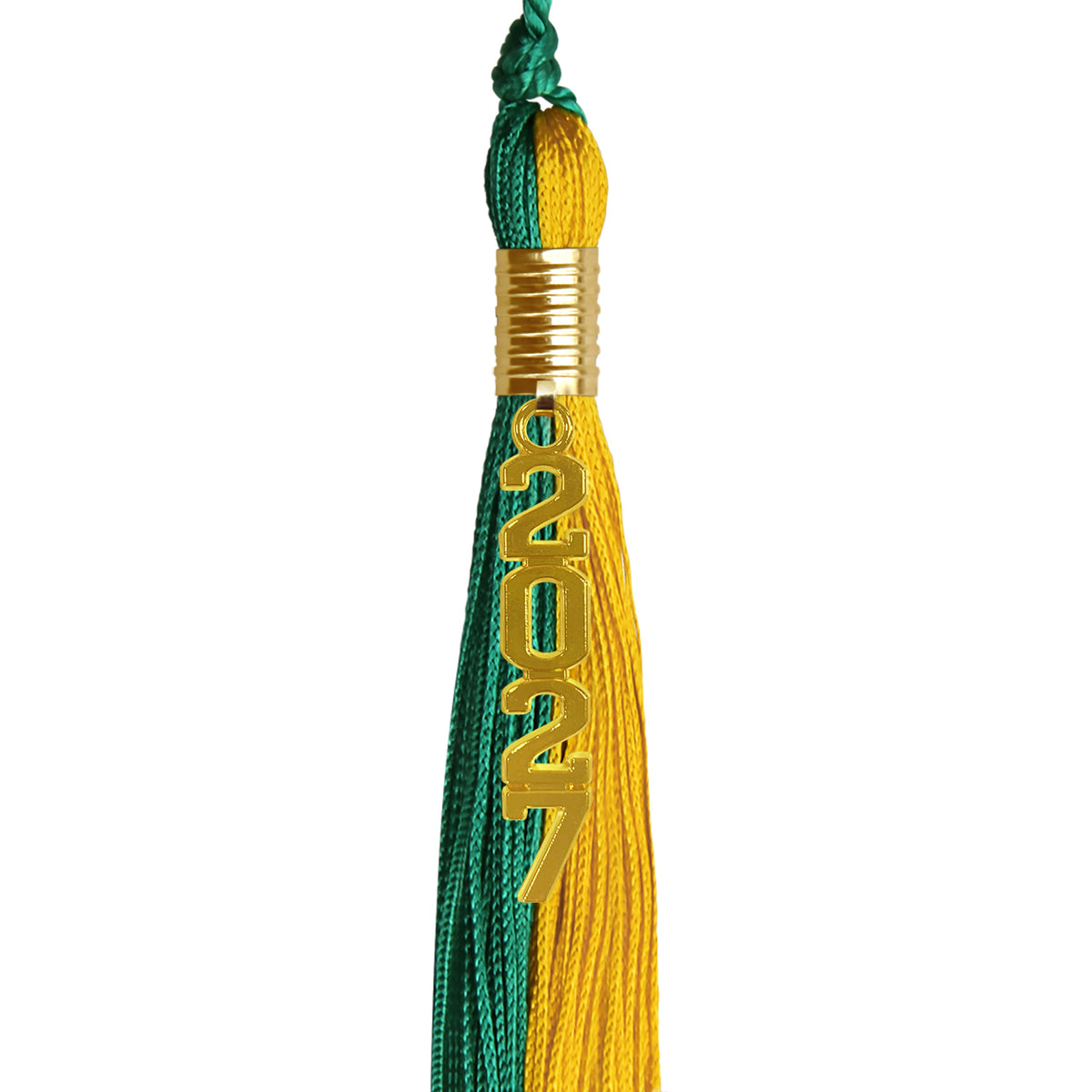 Emerald Green/Bright Gold Graduation Tassel with Gold Stacked Date Drop by Wholesale Grad Supply