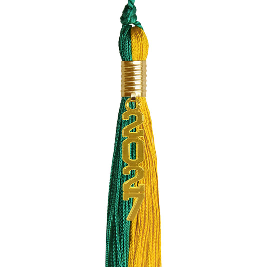 Emerald Green/Bright Gold Graduation Tassel with Gold Stacked Date Drop by Wholesale Grad Supply