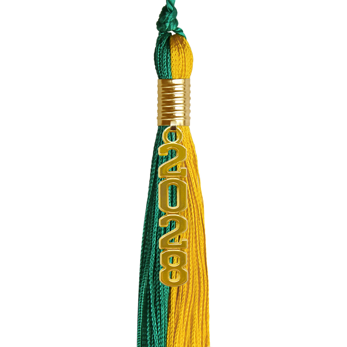 Emerald Green/Bright Gold Graduation Tassel with Gold Stacked Date Drop by Wholesale Grad Supply