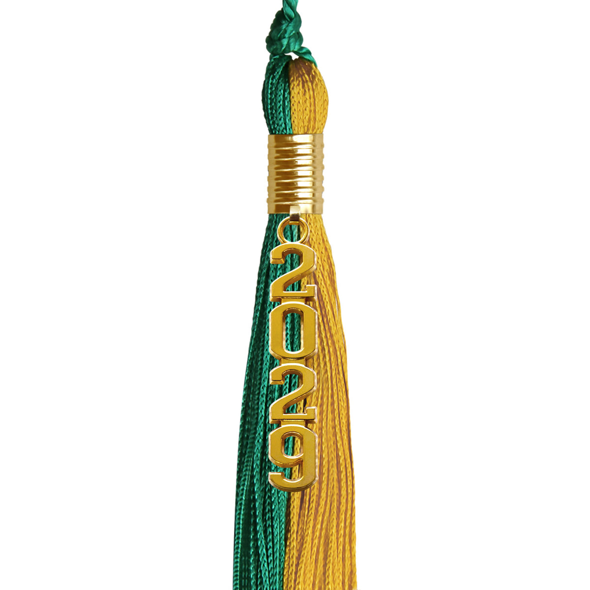 Emerald Green/Bright Gold Graduation Tassel with Gold Stacked Date Drop by Wholesale Grad Supply