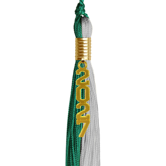 Emerald Green/Grey Graduation Tassel with Gold Stacked Date Drop by Wholesale Grad Supply
