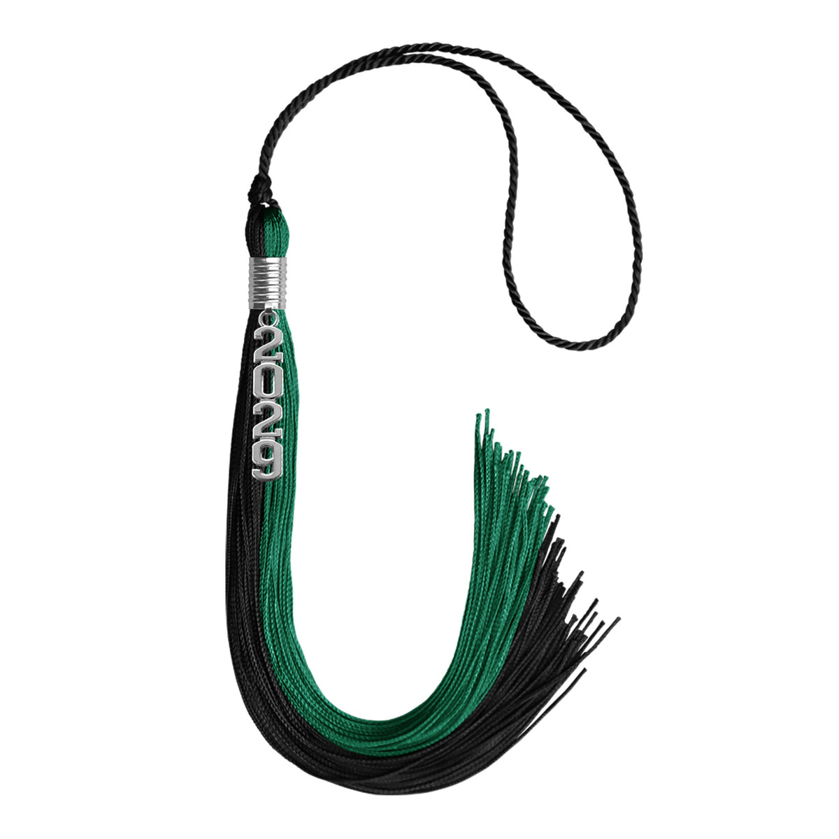 Emerald Green/Black Graduation Tassel with Silver Stacked Date Drop by Wholesale Grad Supply