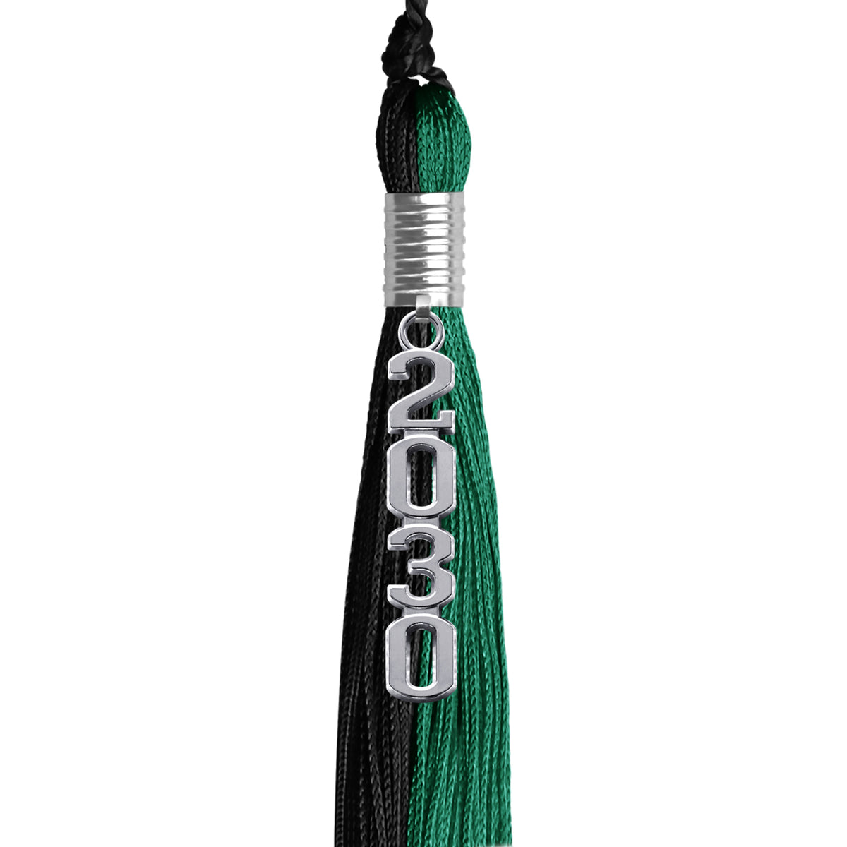 Emerald Green/Black Graduation Tassel with Silver Stacked Date Drop by Wholesale Grad Supply