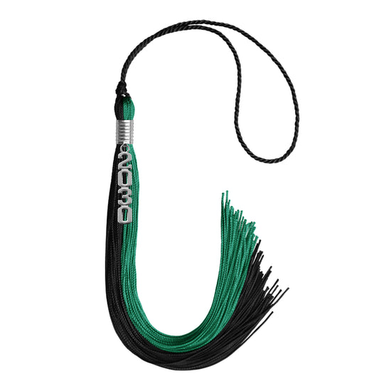 Emerald Green/Black Graduation Tassel with Silver Stacked Date Drop by Wholesale Grad Supply