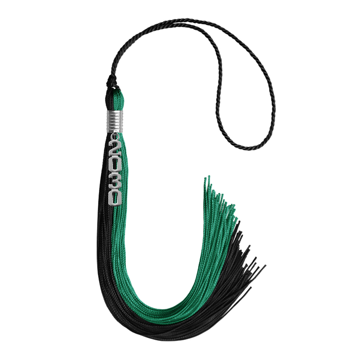 Emerald Green/Black Graduation Tassel with Silver Stacked Date Drop by Wholesale Grad Supply