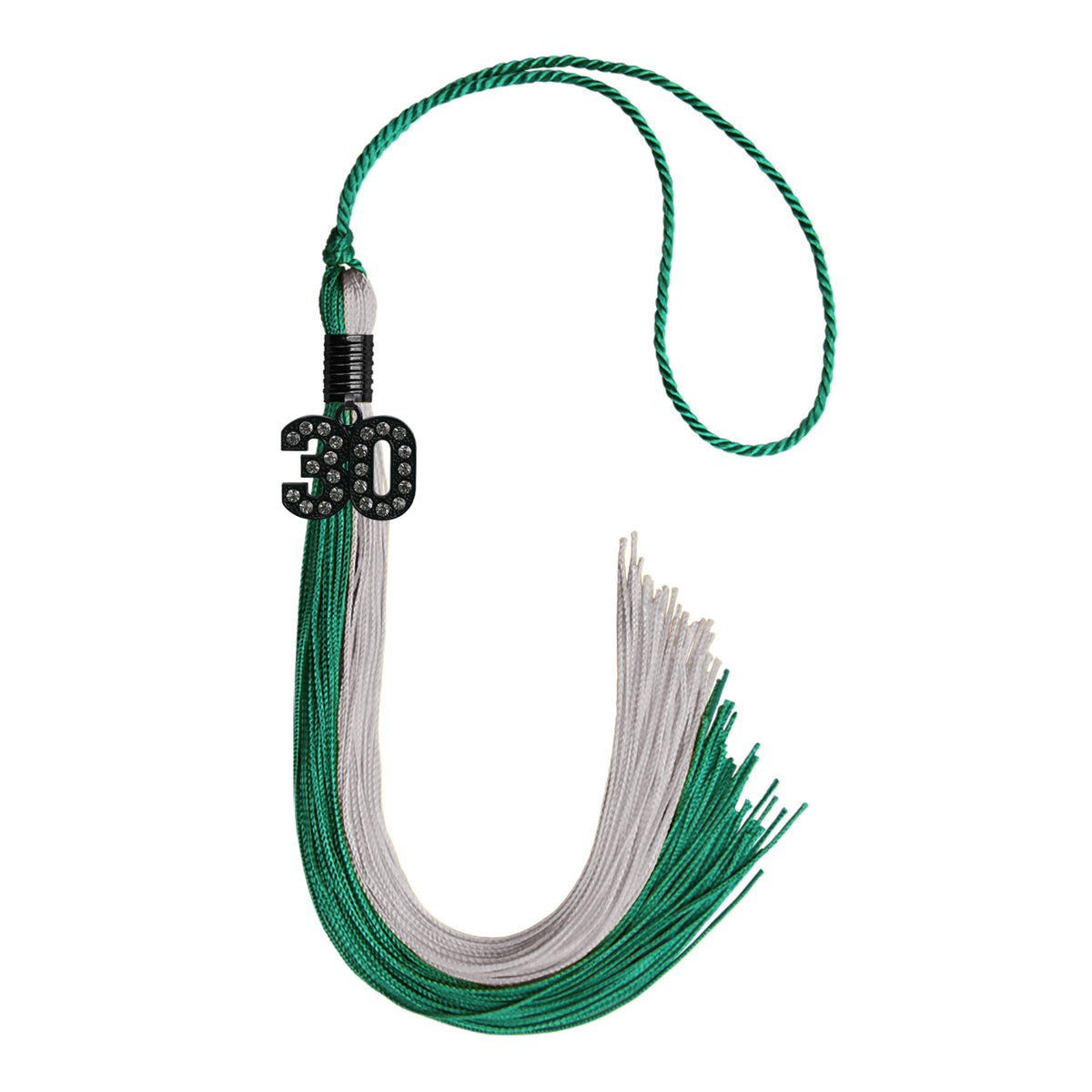 Emerald Green/Grey Graduation Tassel with Black Bling Charm by Wholesale Grad Supply