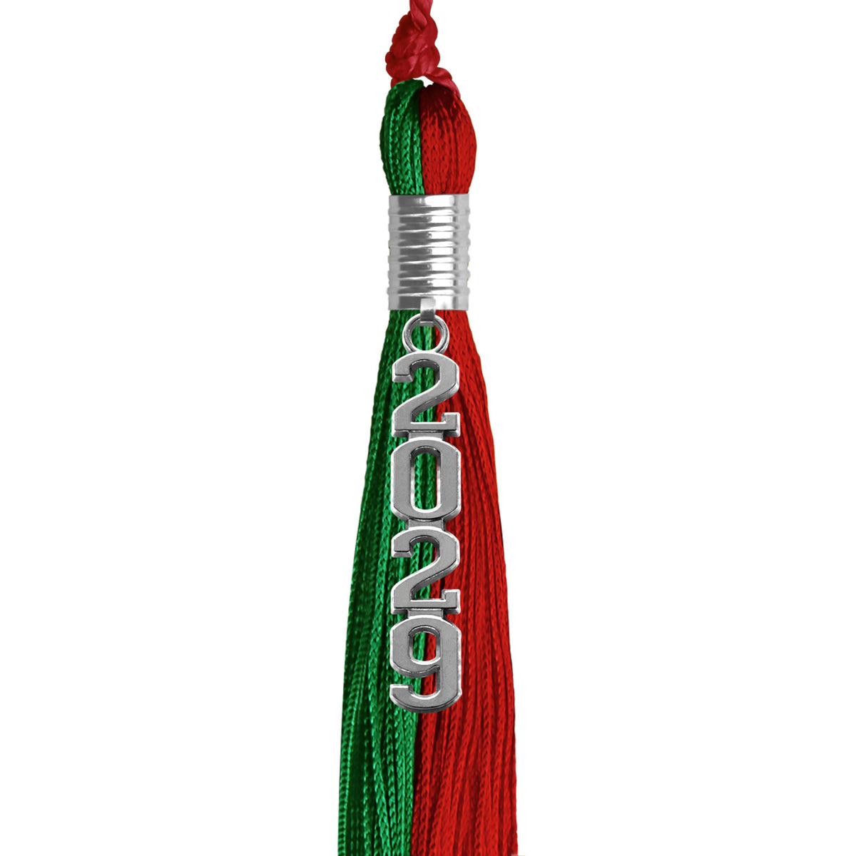 Green/Red Graduation Tassel with Silver Stacked Date Drop by Wholesale Grad Supply