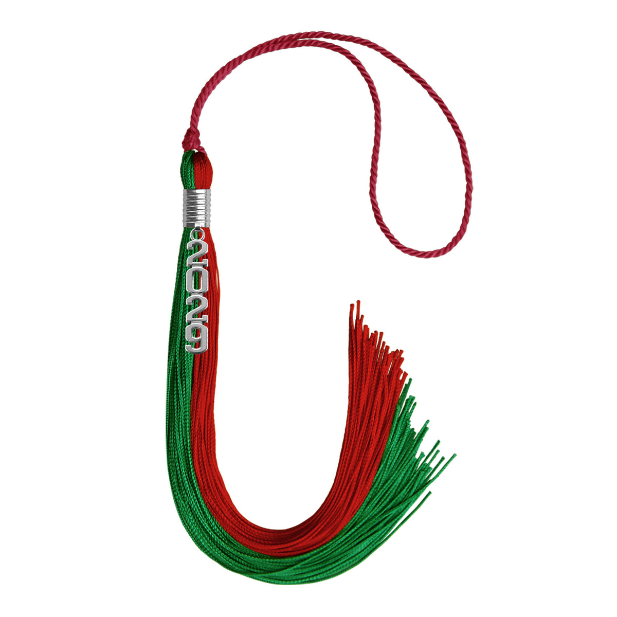 Green/Red Graduation Tassel with Silver Stacked Date Drop by Wholesale Grad Supply