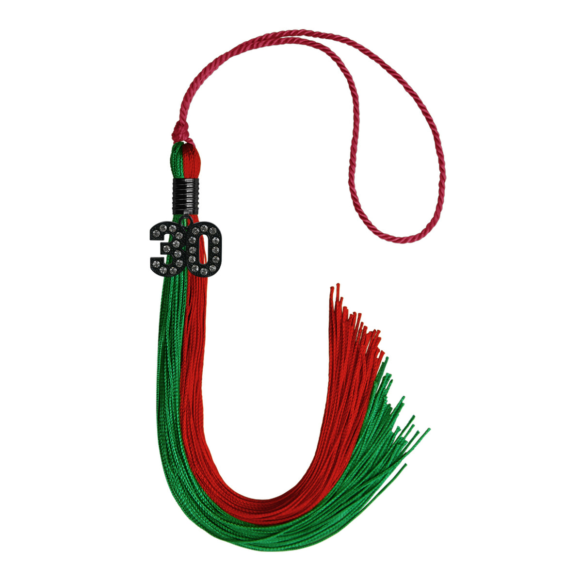 Green/Red Graduation Tassel with Black Bling Charm by Wholesale Grad Supply
