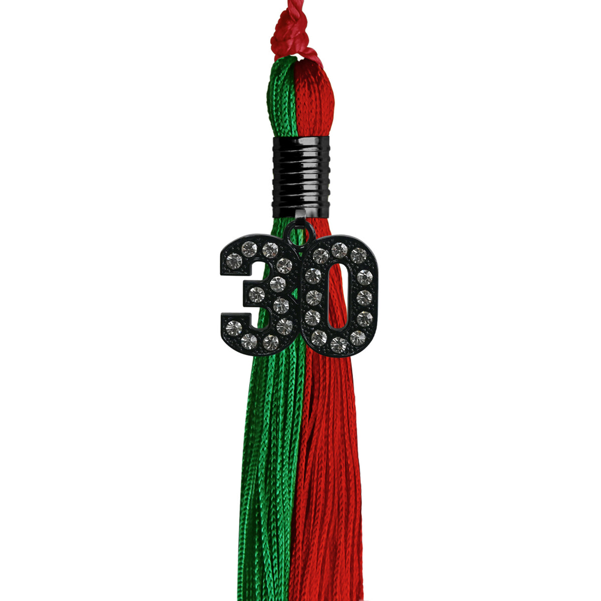 Green/Red Graduation Tassel with Black Bling Charm by Wholesale Grad Supply