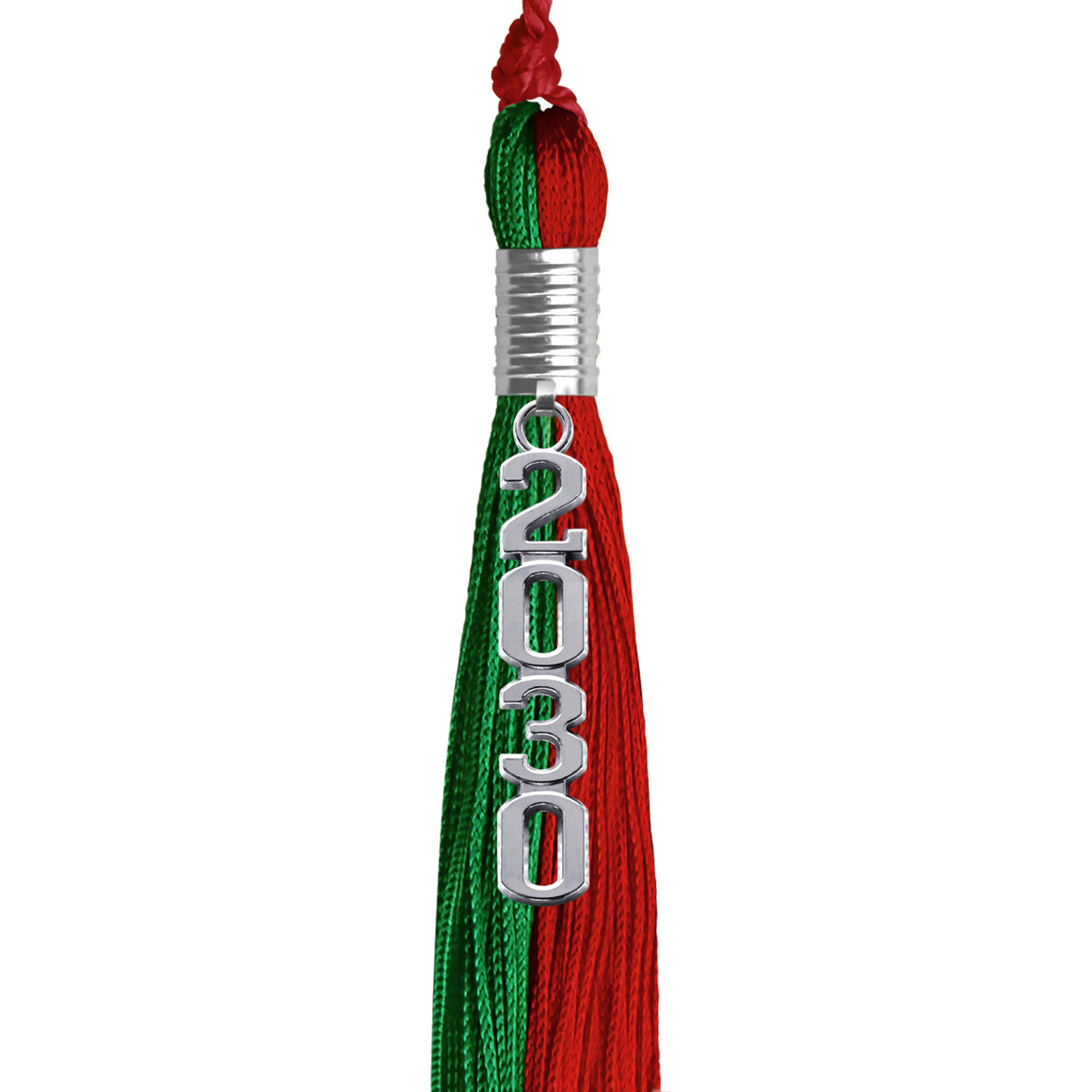 Green/Red Graduation Tassel with Silver Stacked Date Drop by Wholesale Grad Supply