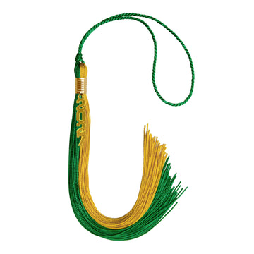 Green/Bright Gold Graduation Tassel with Gold Stacked Date Drop by Wholesale Grad Supply