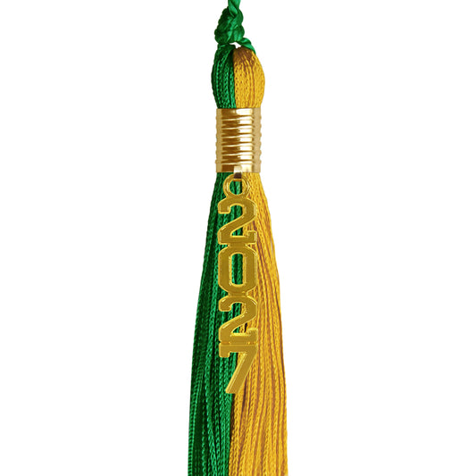 Green/Bright Gold Graduation Tassel with Gold Stacked Date Drop by Wholesale Grad Supply