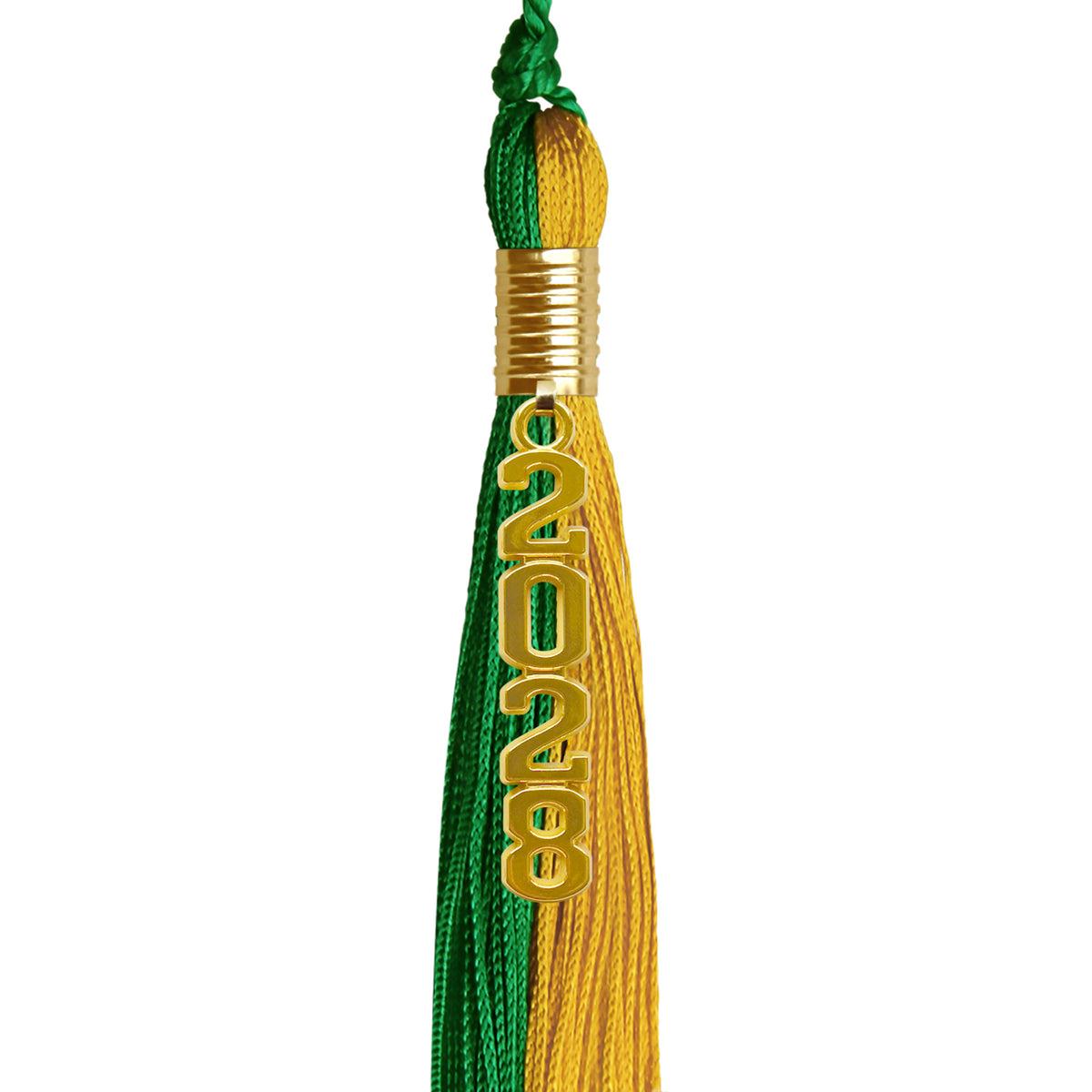 Green/Bright Gold Graduation Tassel with Gold Stacked Date Drop by Wholesale Grad Supply