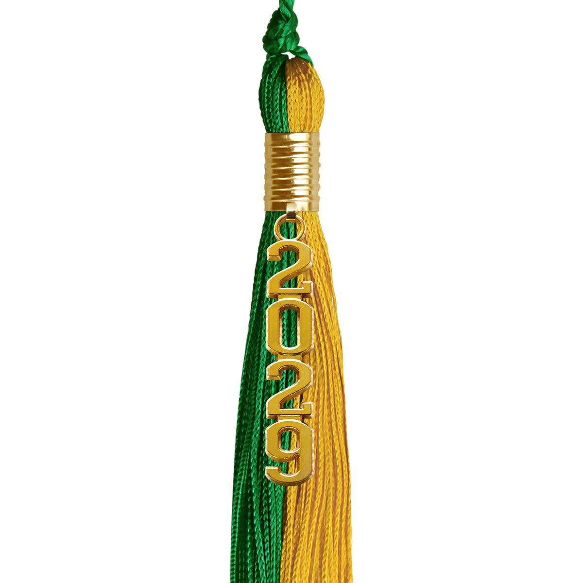 Green/Bright Gold Graduation Tassel with Gold Stacked Date Drop by Wholesale Grad Supply