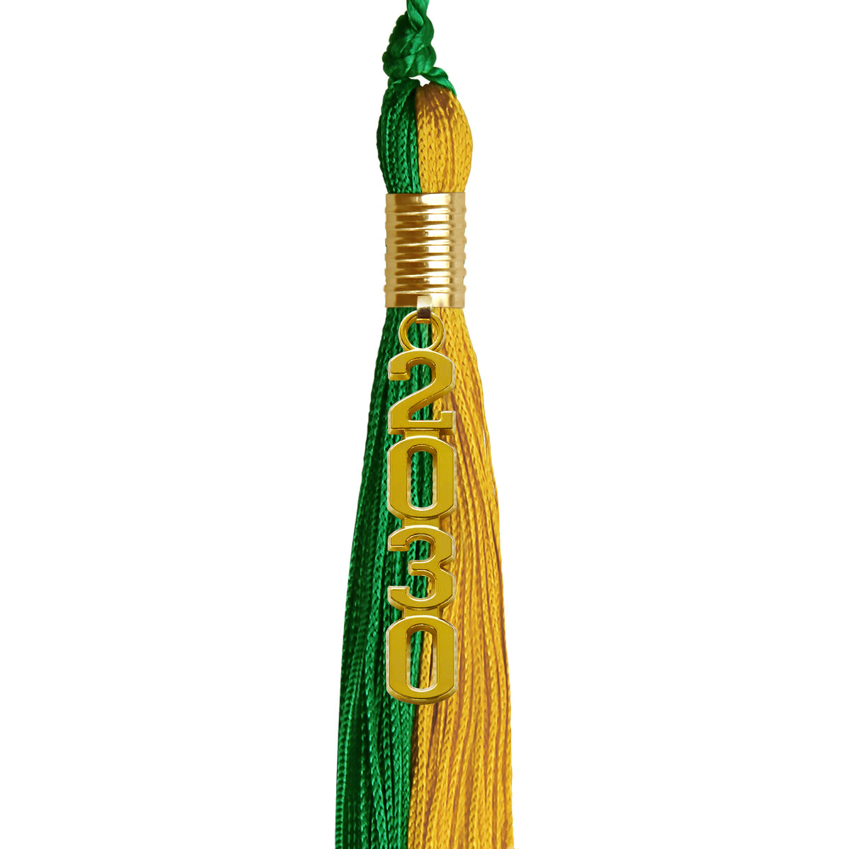 Green/Bright Gold Graduation Tassel with Gold Stacked Date Drop by Wholesale Grad Supply