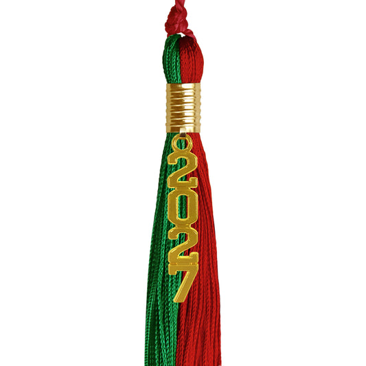 Green/Red Graduation Tassel with Gold Stacked Date Drop by Wholesale Grad Supply