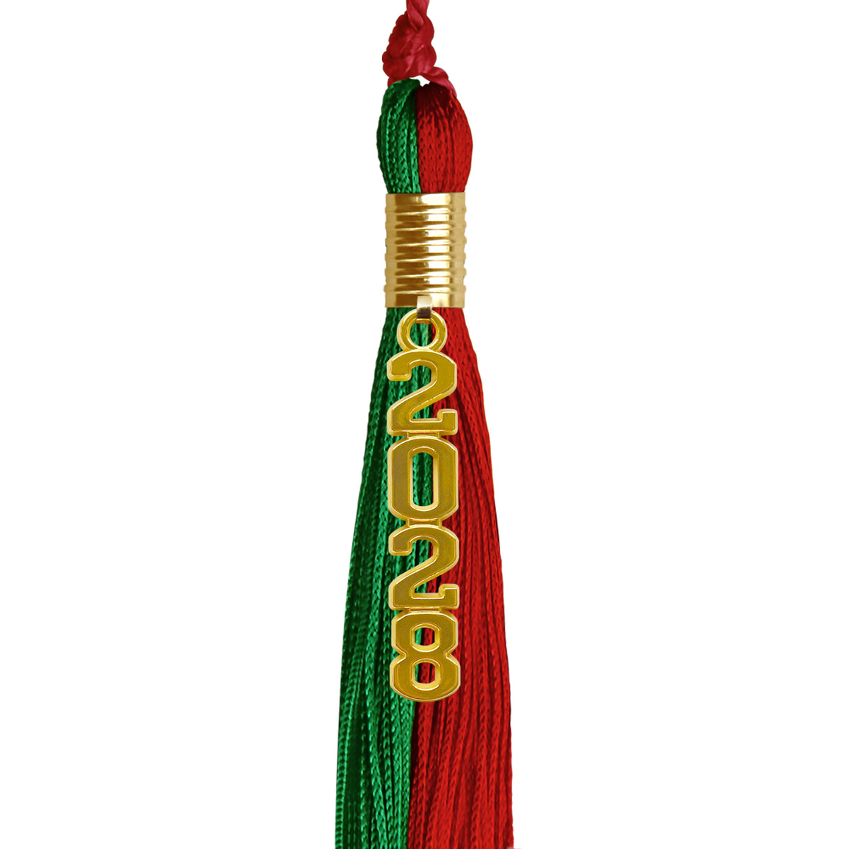 Green/Red Graduation Tassel with Gold Stacked Date Drop by Wholesale Grad Supply