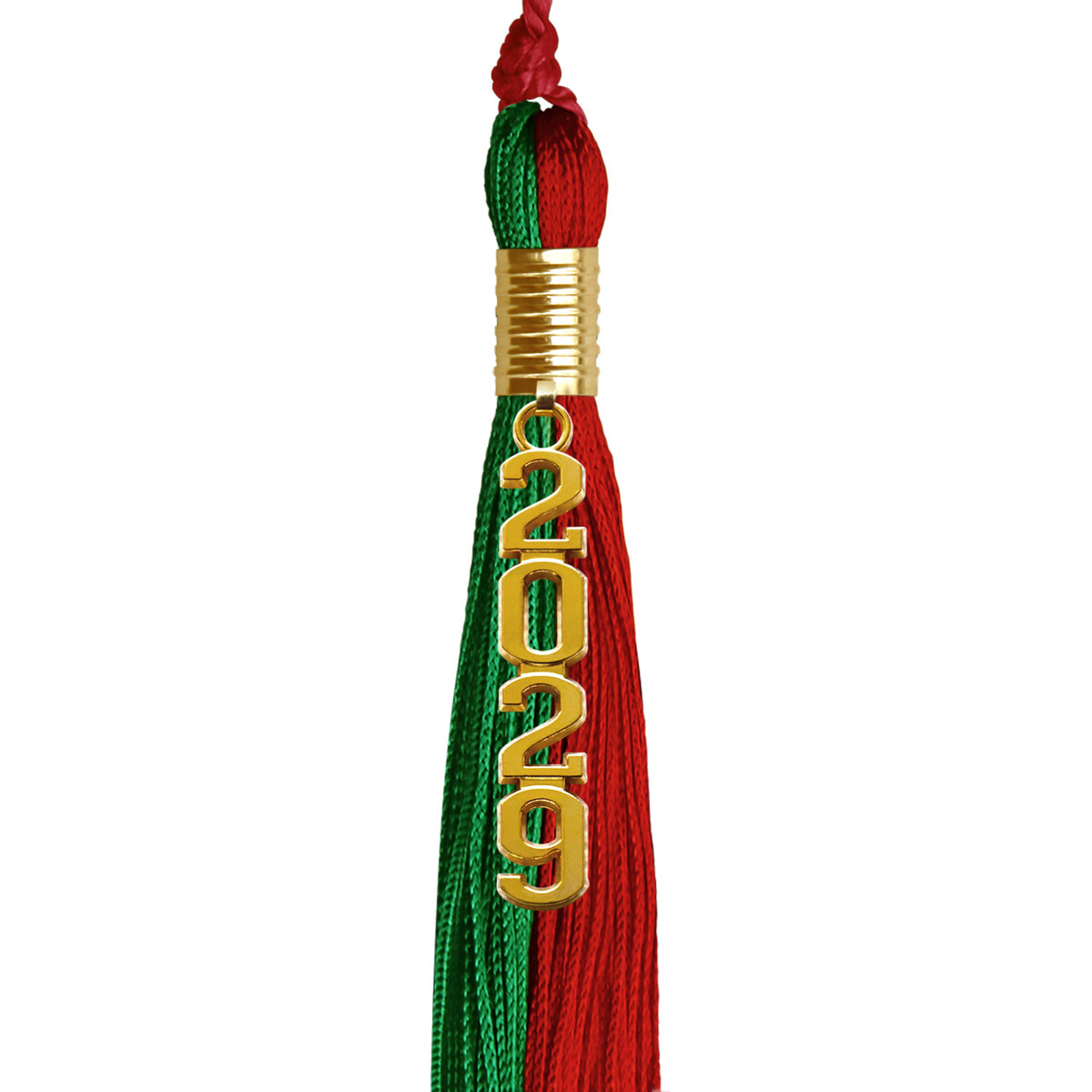 Green/Red Graduation Tassel with Gold Stacked Date Drop by Wholesale Grad Supply