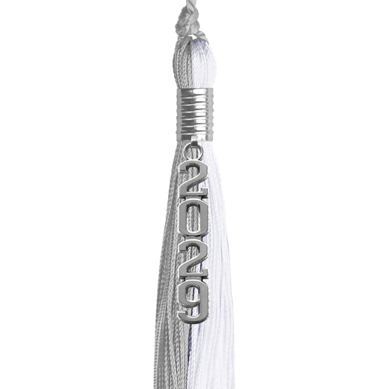 Grey/White Graduation Tassel with Silver Stacked Date Drop by Wholesale Grad Supply