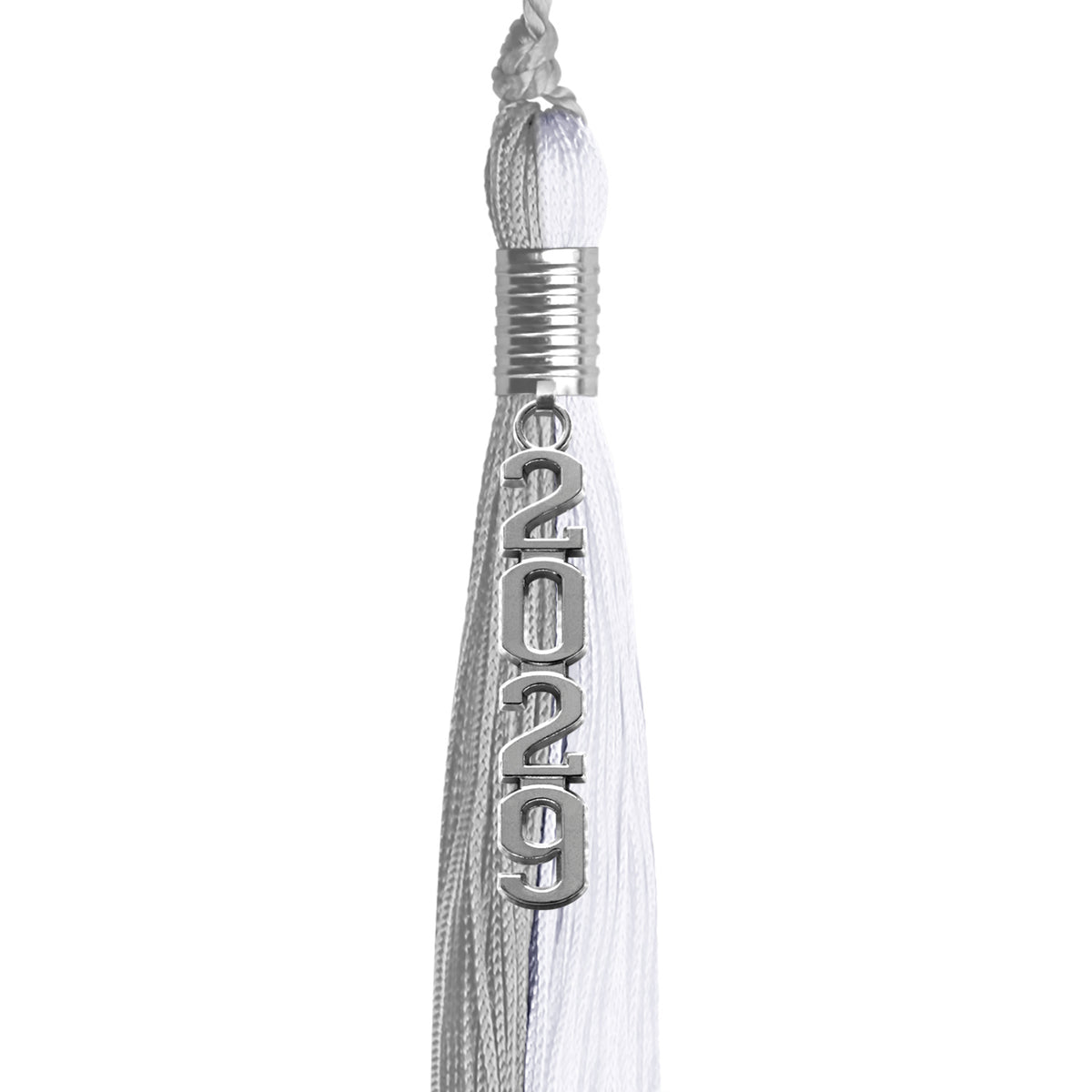 Grey/White Graduation Tassel with Silver Stacked Date Drop by Wholesale Grad Supply